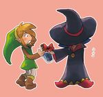  1girl bad_id bad_pixiv_id blonde_hair blush bottle gift hat irene_(the_legend_of_zelda) link pointy_ears the_legend_of_zelda the_legend_of_zelda:_a_link_between_worlds witch_hat yo_mo 