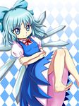  argyle argyle_background bad_id bad_pixiv_id barefoot blue_eyes blue_hair bow cirno crossed_arms dress hair_bow hand_on_own_elbow holding_arm ice ice_wings knees_together_feet_apart knees_up large_bow looking_at_viewer puffy_short_sleeves puffy_sleeves ribbon short_hair short_sleeves smile solo toes tonakai_(bunsuka) touhou wings 