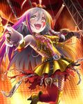  ahoge artist_request belt chain earrings facepaint grey_eyes grey_hair hoshi_shouko idolmaster idolmaster_cinderella_girls jewelry long_hair multicolored_hair nail_polish official_art pointy_ears red_legwear ring sharp_teeth solo teeth thighhighs two-tone_hair vampire 