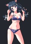  animal_ears black_hair bow bow_bra bra braid breasts cat_ears cleavage eyewear_removed glasses hanekawa_tsubasa highres holding holding_eyewear kaze_makase long_hair looking_at_viewer medium_breasts monogatari_(series) panties parted_lips purple_eyes shiny shiny_skin skindentation solo strap_slip twin_braids underwear underwear_only 