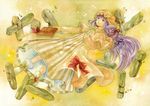  book capelet crescent hair_ribbon hand_on_own_stomach hat long_hair patchouli_knowledge purple_eyes purple_hair ribbon shiroma_(mamiko) solo stone touhou very_long_hair 