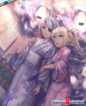  arm_hug blonde_hair blue_eyes candy_apple dutch_angle eyepatch fireworks floral_print food green_eyes hair_ribbon happy head_rest japanese_clothes kimono lantern light_smile long_hair mask multiple_girls named1c night night_sky open_mouth original ponytail ribbon short_hair silver_hair sky stand summer_festival yukata yuri 