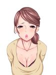  1girl blush bra breasts brown_eyes brown_hair cleavage clothed earrings female highres jewelry large_breasts lips milf naito_(artist) naito_(sirokuro1214) original pink_bra ponytail simple_background solo underwear white_background 