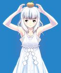  armpits arms_up bare_arms bare_shoulders blue_background blue_eyes dress food food_on_head fruit fruit_on_head happy_new_year kagami_mochi mandarin_orange masao new_year object_on_head original personification silver_hair sleeveless sleeveless_dress smile solo white_dress 