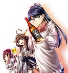  :d alcohol anchor_print apron bare_shoulders beer beer_mug blue_eyes blue_hair blush bottle brown_hair choko_(cup) cup detached_sleeves double_bun hair_ornament hair_ribbon hairband hakama hand_on_hip headgear holding holding_cup houshou_(kantai_collection) japanese_clothes kantai_collection kappougi kimono kongou_(kantai_collection) long_hair mamiya_(kantai_collection) multiple_girls nontraditional_miko open_mouth ponytail ribbon sake sake_bottle skirt smile thighhighs wa_maid waist_apron yuzu_momo 