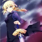  6-k-i-7 ahoge artoria_pendragon_(all) blonde_hair excalibur fate/zero fate_(series) formal green_eyes hand_on_hilt lowres ponytail saber solo suit sword vest waistcoat weapon 