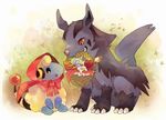  clothed_pokemon commentary eye_contact gen_2_pokemon gen_3_pokemon hood little_red_riding_hood looking_at_another mareep mightyena mouth_hold no_humans pokemon pokemon_(creature) smile suikuyo 