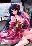  bangs black_hair breasts bug_(artist) collarbone covered_nipples hair_between_eyes highres japanese_clothes kimono large_breasts long_hair nipples no_bra open_clothes open_shirt original purple_eyes shirt solo 