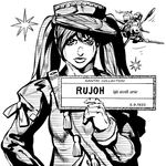  absurdres araki_hirohiko_(style) bad_id bad_pixiv_id character_name derivative_work greyscale highres jojo_no_kimyou_na_bouken kantai_collection long_hair looking_at_viewer monochrome parody rai-rai ryuujou_(kantai_collection) sign style_parody twintails upper_body visor_cap 