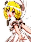  blonde_hair blush bow chestnut_mouth drill_hair fairy_wings hair_bow honda_takaharu luna_child open_mouth red_eyes solo touhou white_background wings 