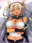  bare_shoulders blonde_hair breast_hold breasts dark_skin fingerless_gloves gin'ichi_(akacia) glasses gloves highres kantai_collection large_breasts musashi_(kantai_collection) navel open_mouth pen pointy_hair red_eyes sarashi short_hair skirt solo tan two_side_up upper_body 