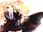  blonde_hair cloak earrings harry_potter jewelry liu_lou long_hair luna_lovegood necktie skirt solo 