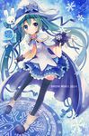  2014 beamed_eighth_notes bunny cape character_name eighth_note fingerless_gloves gloves green_hair hatsune_miku highres long_hair magic_circle mokoko musical_note quarter_note skirt smile snowflakes staff_(music) thighhighs twintails very_long_hair vocaloid wand yuki_miku yukine_(vocaloid) 