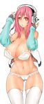  blush bra breasts caooll cleavage headphones highres huge_breasts jacket long_hair looking_at_viewer navel nitroplus open_mouth panties pink_hair red_eyes simple_background solo super_sonico thighhighs underwear white_background 