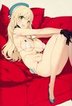  atago_(kantai_collection) bikini black_gloves blonde_hair blush breasts couch gloves green_eyes hands_on_own_knees hat highres kantai_collection large_breasts legs long_hair long_legs looking_at_viewer micro_bikini ooyari_ashito open_mouth pillow scan skindentation smile solo swimsuit white_bikini 