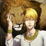  artist_name bifanghuanshi blonde_hair bracelet dated earrings fate/zero fate_(series) gilgamesh highres jewelry lion necklace red_eyes 