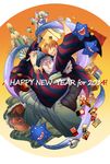  animal_print book caster_(fate/zero) fate/apocrypha fate/zero fate_(series) food grey_hair happy_new_year highres japanese_clothes jeanne_d'arc_(fate) jeanne_d'arc_(fate)_(all) kimono leopard_print monster multiple_boys new_year obentou ofuda orange_hair paddle prelati's_spellbook sandals shoggoth sushi tato_t06 uryuu_ryuunosuke 