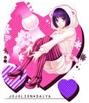  animal_ears bob_cut brown_eyes california_king_bed fake_animal_ears higashikata_daiya hood hoodie jojo_no_kimyou_na_bouken jojolion purple_hair shiron_(shiro_n) short_hair solo stand_(jojo) striped striped_legwear thighhighs vertical-striped_legwear vertical_stripes 