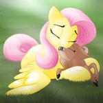  ambiguous_gender cervine cloven_hooves cuddling deer duo equine eyes_closed fawn female fluttershy_(mlp) friendship_is_magic grass hair hooves horse hug kelisah lying mammal my_little_pony outside pink_hair pony 