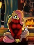  angel_(mlp) anthro anthrofied blue_eyes breasts clothing crossed_legs curtains equine female fire fireplace fluttershy_(mlp) friendship_is_magic frying_pan horse mammal my_little_pony pegasus piercing pony sitting snow somnias sweater window wings 