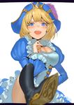  awilda_(p&amp;d) blonde_hair blue_eyes boots cleavage_cutout foreshortening hand_on_hip hat jyon letterboxed looking_at_viewer mole open_mouth pirate pirate_hat puzzle_&amp;_dragons smile solo 