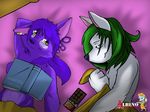  anthro bed book canine chocolate duo female fur green_hair hair hasko male mammal purple_fur violet_fur white_fur wolf 
