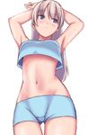  :o armpits arms_up bad_id bad_pixiv_id blonde_hair blush eila_ilmatar_juutilainen goji_(five_clock) long_hair midriff navel panties parted_lips purple_eyes short_shorts shorts simple_background solo stomach strike_witches thigh_gap underwear world_witches_series 