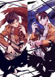  ascot bad_id bad_pixiv_id bird black_hair chain emblem eren_yeager feathers hawk jacket levi_(shingeki_no_kyojin) multiple_boys paradis_military_uniform shingeki_no_kyojin survey_corps_(emblem) sword weapon zwollowz 