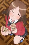  blush brown_hair closed_eyes from_above hair_ornament hairclip haruyama_kazunori kokeshi school_uniform short_hair skirt solo squatting suzuki_yua tesagure!_bukatsu-mono 