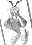  cellphone competition_swimsuit greyscale kantai_collection long_hair mirror monochrome one-piece_swimsuit phone reflection self_shot shimakaze_(kantai_collection) striped striped_legwear swimsuit thighhighs tk4 