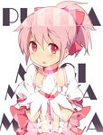  alternate_hairstyle bow choker dress gloves hair_bow kaname_madoka looking_at_viewer magical_girl mahou_shoujo_madoka_magica ogipote open_mouth pink_dress pink_eyes pink_hair ponytail puffy_sleeves short_sleeves simple_background solo white_background white_gloves 