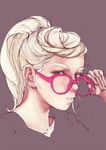  black_eyes blonde_hair eyebrows glasses hide_(lindalindalinda) lips long_hair nose parted_lips pink-framed_eyewear ponytail solo upper_body 