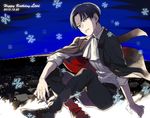  ascot birthday black_hair dated indian_style jacket_on_shoulders levi_(shingeki_no_kyojin) male_focus rurums shingeki_no_kyojin sitting solo 