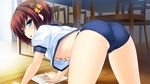  1girl all_fours amagai_yukino ass bloomers blue_eyes blush bra brown_hair buruma chair embarrassed from_behind game_cg gym_uniform highres looking_back short_hair solo sweat table thighs tsuyokiss_next_shokaiban underwear 