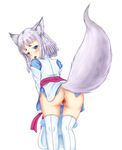  animal_ear_fluff animal_ears blue_eyes blush fox_ears fox_tail highres japanese_clothes kon_(tokyo_ravens) no_panties pussy short_hair silver_hair solo tail tenyoshi_(briansept) thighhighs tokyo_ravens uncensored 