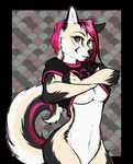  anthro bottomless breasts canine clothing female fur hair mammal narcotic_sprinkles pink_hair shirt shirt_lift solo sweater undressing yellow_fur 