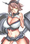  bad_id bad_pixiv_id bare_shoulders breasts brown_eyes brown_hair cleavage dodai_shouji gloves huge_breasts kantai_collection mutsu_(kantai_collection) navel short_hair simple_background solo white_background 