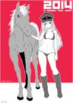  2014 bikini boots hammer_and_sickle happy_new_year hat highres horse kotoyoro long_hair monochrome mudou_eichi new_year original peaked_cap side-tie_bikini solo standing swimsuit 