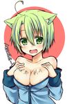  :d ahoge animal_ears areolae bare_shoulders body_writing breast_suppress breasts cat_ears cat_tail dodome-iro_mayonnaise fang green_eyes green_hair large_breasts open_mouth original sharon_(dodomayo) short_hair smile solo tail 
