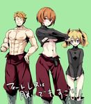  2girls abs absurdres bad_id bad_pixiv_id blonde_hair blue_eyes bottomless breasts brown_eyes brown_hair closed_eyes fortress_(sekaiju) green_background highres medium_breasts multiple_girls muscle navel orange_hair sekaiju_no_meikyuu sekaiju_no_meikyuu_4 shirt_lift shirt_tug short_hair topless tubameraamen twintails underboob 