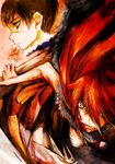  1girl blood fur long_hair red_eyes red_hair sarashi scar shut_hell shut_hell_(character) tima weapon yurul 