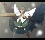  arm_cannon black_hair black_legwear black_wings bow feathered_wings feathers gloves hair_bow long_hair mismatched_footwear navel open_mouth pcs_shousa radiation_symbol red_eyes reiuji_utsuho solo symbol-shaped_pupils touhou weapon wings 