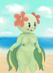  anthrofied beach bellossom big_thighs blush flora_fauna navel nintendo nude outside pok&eacute;mon pussy seaside skirt standing swizzle video_games 