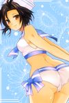  ass bad_id bad_pixiv_id bikini black_hair bow brown_eyes cameltoe dixie_cup_hat from_behind hat idolmaster idolmaster_(classic) kikuchi_makoto looking_back military_hat rikken620 sailor_bikini sailor_collar sailor_hat sailor_swimsuit_(idolmaster) short_hair smile solo swimsuit 