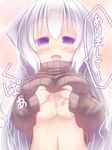  bad_id bad_pixiv_id breasts clothes_lift large_breasts long_hair nightmare_cat original purple_eyes shirt_lift solo sweater sweater_lift translation_request white_hair 