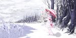 animal blue_hair boots bow building cloudy.r dress gloves hat kneehighs red_eyes remilia_scarlet short_hair sky snow touhou tree umbrella winter 