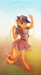  anthro anthrofied antiander applejack_(mlp) belt blonde_hair breasts clothed clothing cowboy_hat equine female freckles friendship_is_magic fur grass green_eyes hair hat hi_res hooves horse jacket lasso long_hair looking_at_viewer mammal my_little_pony orange_fur pony quine shirt shorts smile solo 