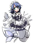  alternate_costume apron blue_eyes blue_hair blush commentary cup dress enmaided green_eyes head_fins hemogurobin_a1c knife ladle long_sleeves maid maid_headdress mermaid monster_girl open_mouth plate pot pun short_dress short_hair solo spoon teacup teapot thighhighs touhou waist_apron wakasagihime zettai_ryouiki 