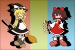  absurdres bare_shoulders black_hair bow braid broom detached_sleeves gohei hair_bow hair_tubes hakurei_reimu haraegushi hat hat_bow highres kirisame_marisa multiple_girls one_eye_closed oonusa parody pcs_shousa puyopuyo puyopuyo_fever red_eyes side_braid style_parody touhou white_bow witch_hat 