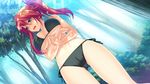  1girl amagai_yukino aqua_eyes bare_shoulders bikini black_bikini blue_eyes blurry blush breasts cameltoe crotch depth_of_field dutch_angle embarrassed forest from_below game_cg highres inase_kowane large_breasts legs light_rays long_hair looking_away nature open_mouth outdoors red_hair side-tie_bikini side_ponytail solo standing sunbeam sunlight swimsuit thighs tree trees tsuyokiss_next_shokaiban twintails underboob 